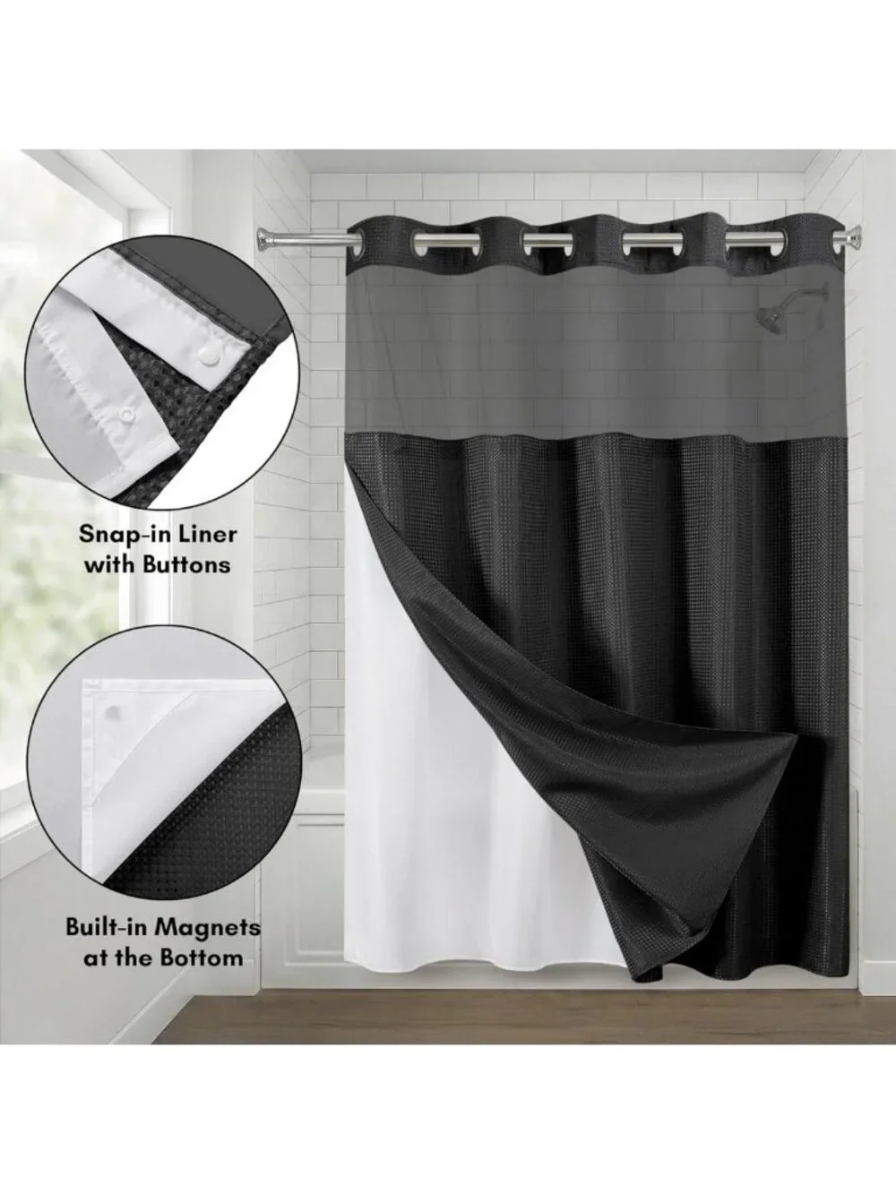 Water-Resistant 72x75 Waffle Shower Curtain with Sheer Panel & Durable Grommets